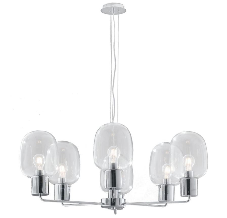 Sospensione 6 luci in vetro trasparente struttura metallo cromo 6XE27 non incl. FELLINI Sospensione 6 luci in vetro trasparente struttura metallo cromo 6XE27 non incl. FELLINI